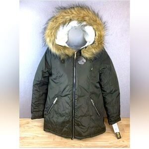 Madden NYC Olive Green Long Puffer Hooded Winter Coat Jacket Faux Fur Trim hood